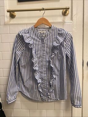 Madewell Blue & White Mandarin Collar Striped Ruffle Button-Up Top